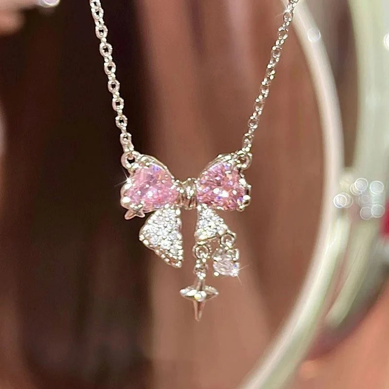 Collar con lazo rosa dulce para mujer  forma de estrella de imitación brillantes.