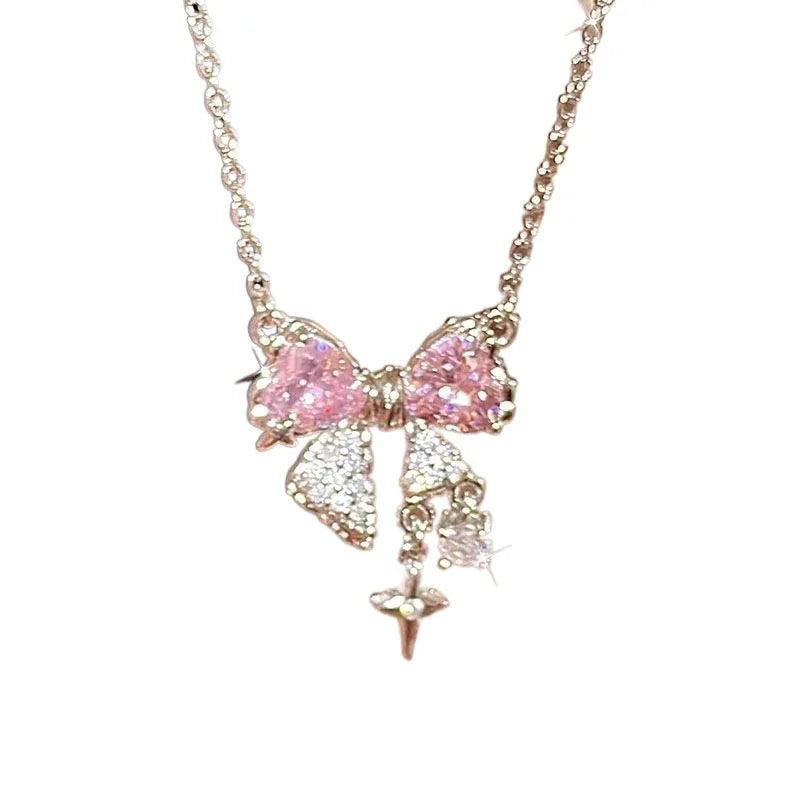 Collar con lazo rosa dulce para mujer  forma de estrella de imitación brillantes.